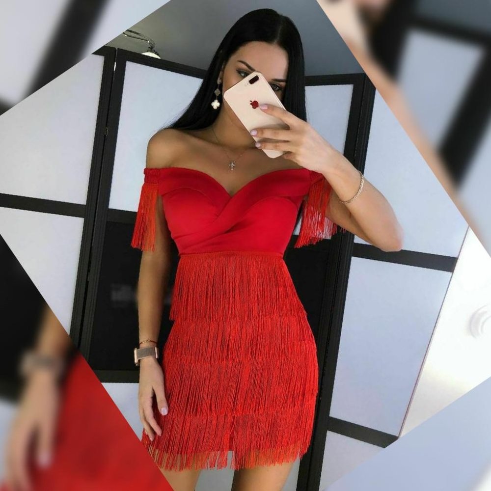 Red Off Shoulder Tassel Mini Bandage Dress #1869
